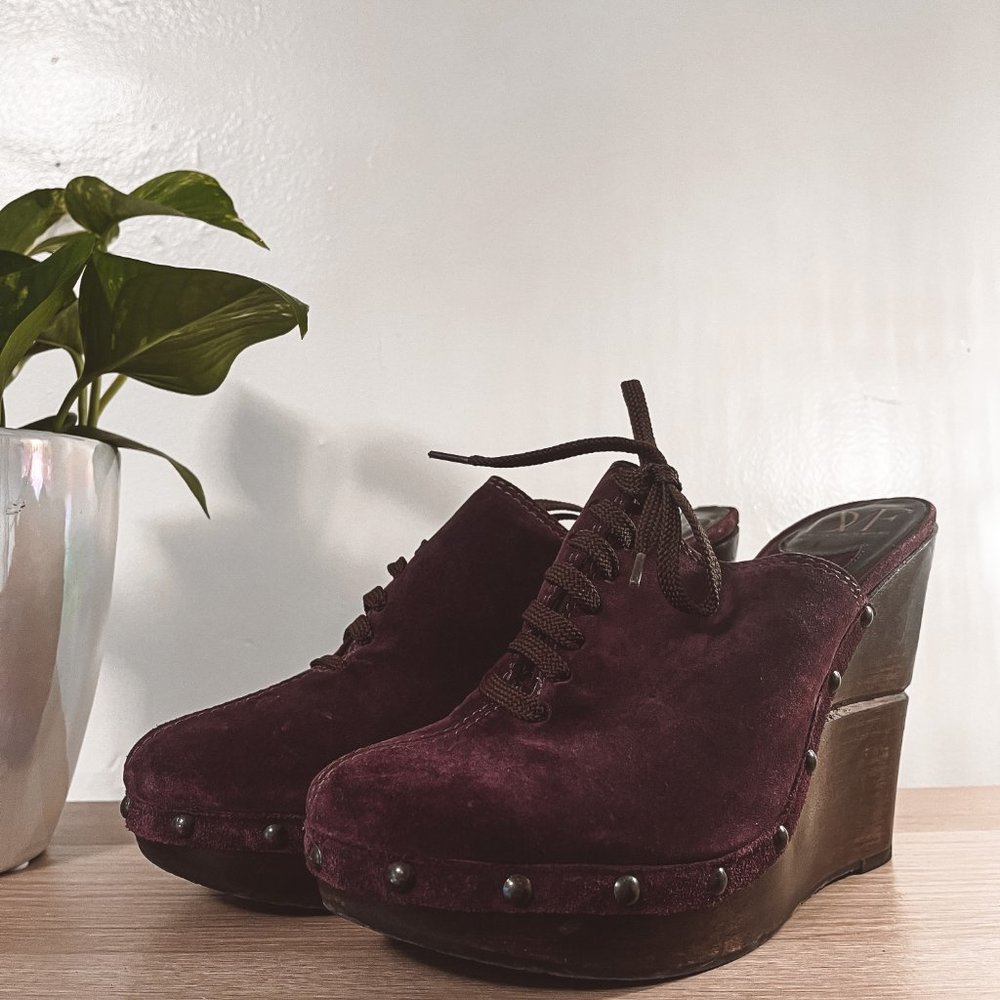 DVF Diane Von Furstenberg Womens Maroon Leather Round Toe Slip On Wedge Heels